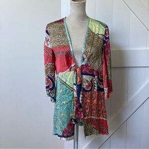 CAbi Y2K patchwork silky tie front blouse topper jacket fairy mixed media size M